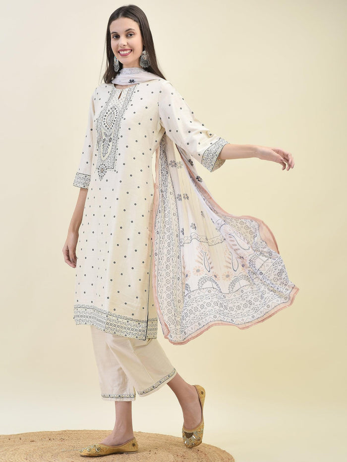 Women Silk Blend Beige Ornamental Print Kurta Comfort Pant Dupatta.