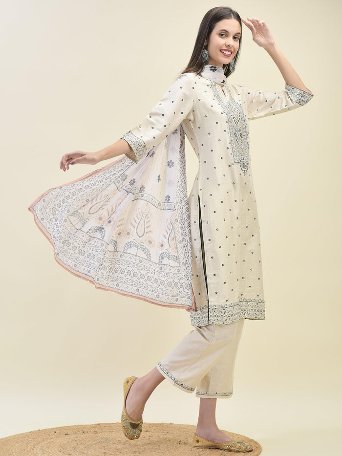 Women Silk Blend Beige Ornamental Print Kurta Comfort Pant Dupatta.