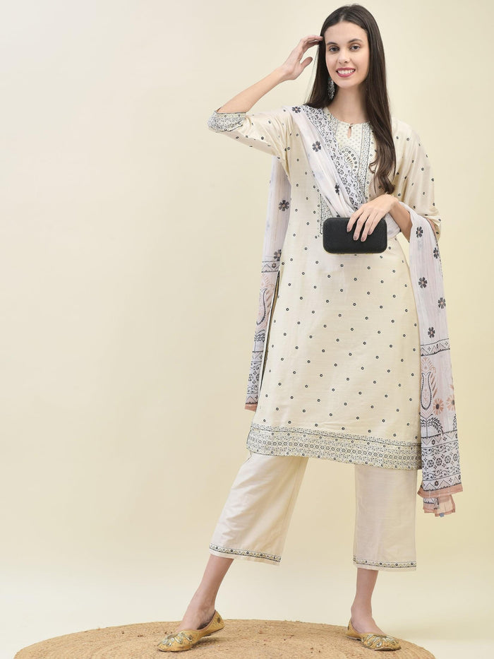 Women Silk Blend Beige Ornamental Print Kurta Comfort Pant Dupatta.