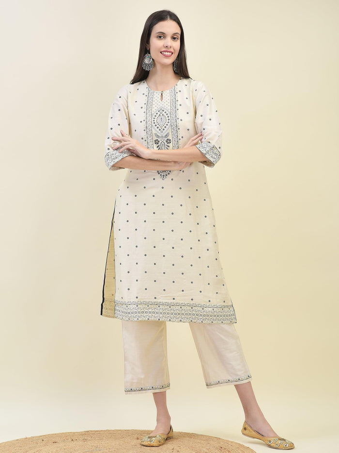 Women Silk Blend Beige Ornamental Print Kurta Comfort Pant Dupatta.