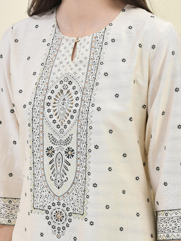 Women Silk Blend Beige Ornamental Print Kurta Comfort Pant Dupatta.