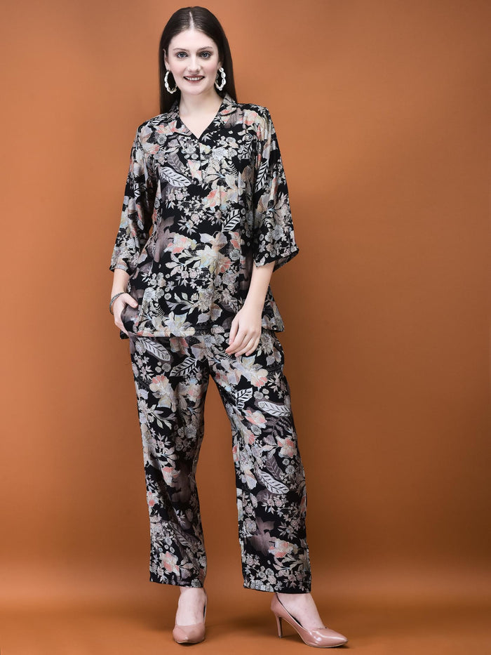 Women Silk Blend Black Floral Print Co-Ord Set.