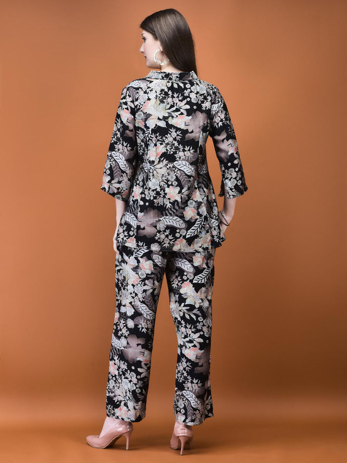 Women Silk Blend Black Floral Print Co-Ord Set.