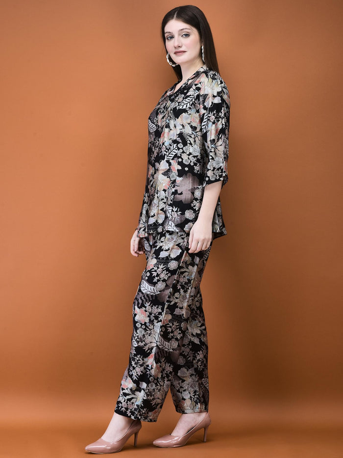 Women Silk Blend Black Floral Print Co-Ord Set.