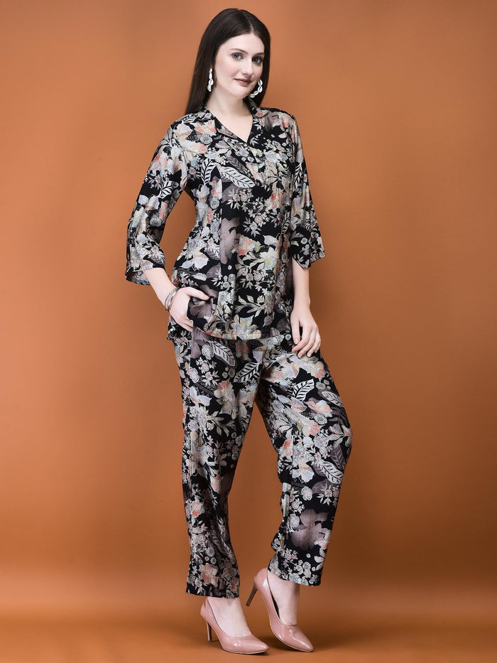 Women Silk Blend Black Floral Print Co-Ord Set.