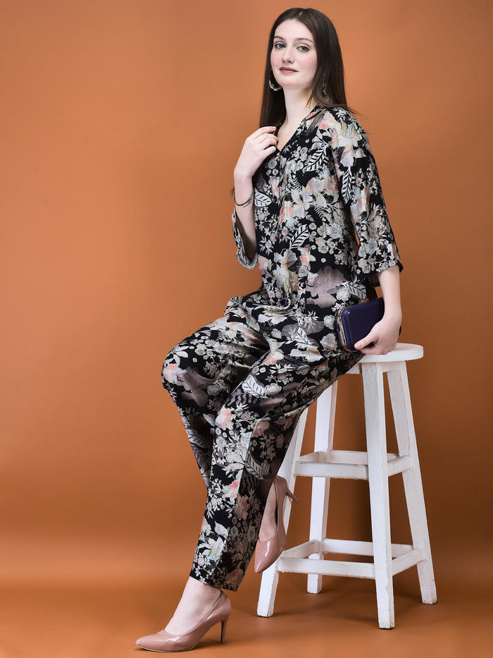 Women Silk Blend Black Floral Print Co-Ord Set.