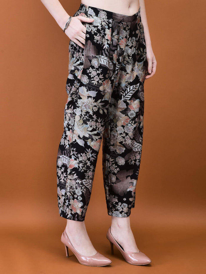 Women Silk Blend Black Floral Print Co-Ord Set.