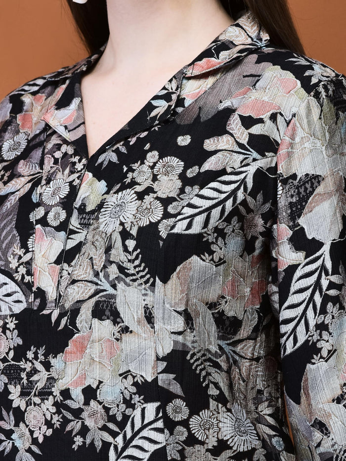 Women Silk Blend Black Floral Print Co-Ord Set.