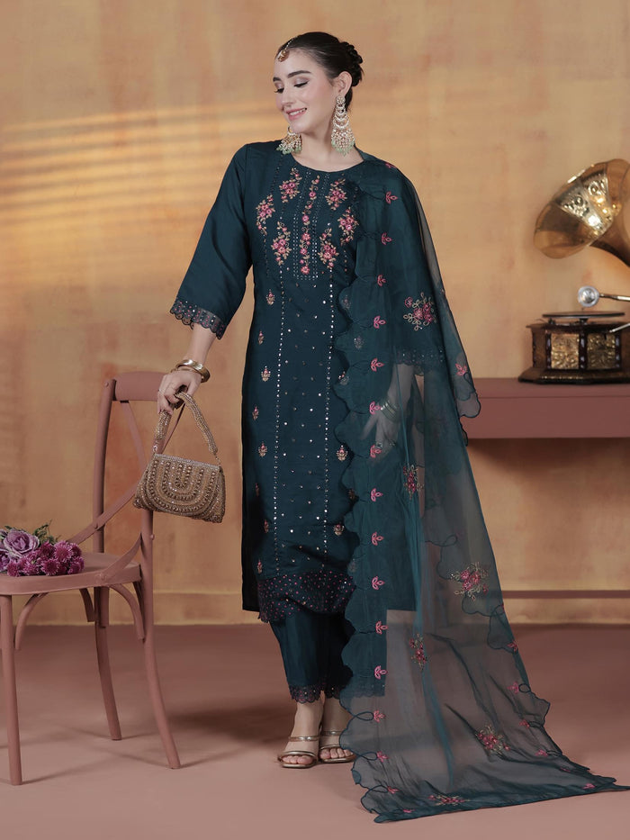 Women Silk Blend Blue Embroidered Kurta Comfort Pant Dupatta.