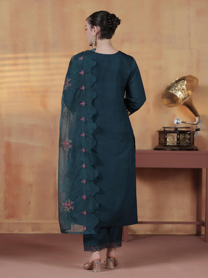 Women Silk Blend Blue Embroidered Kurta Comfort Pant Dupatta.