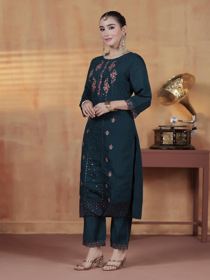Women Silk Blend Blue Embroidered Kurta Comfort Pant Dupatta.