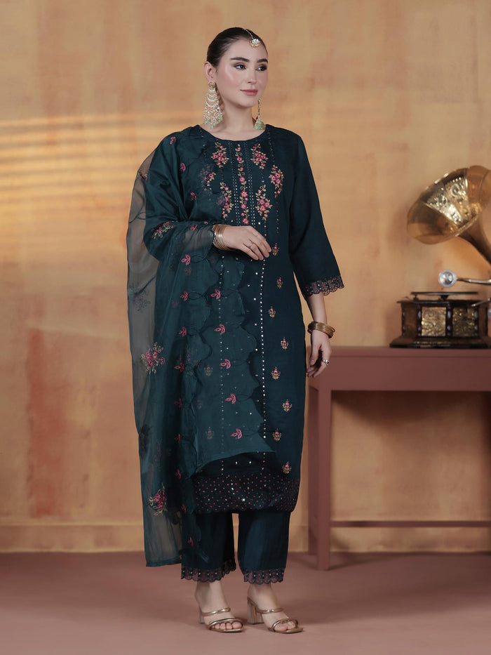 Women Silk Blend Blue Embroidered Kurta Comfort Pant Dupatta.