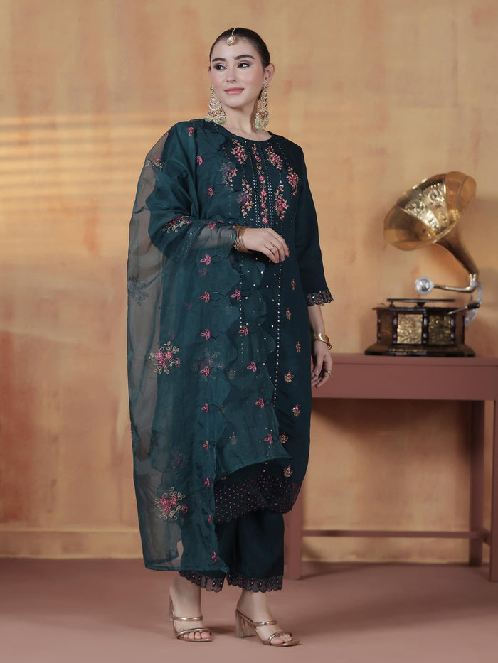 Women Silk Blend Blue Embroidered Kurta Comfort Pant Dupatta.