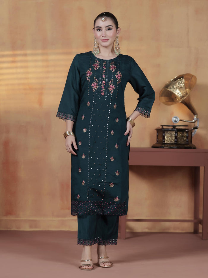 Women Silk Blend Blue Embroidered Kurta Comfort Pant Dupatta.