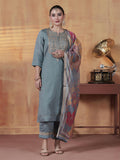 Women Silk Blend Blue Embroidered Kurta Comfort Pant With Dupatta.