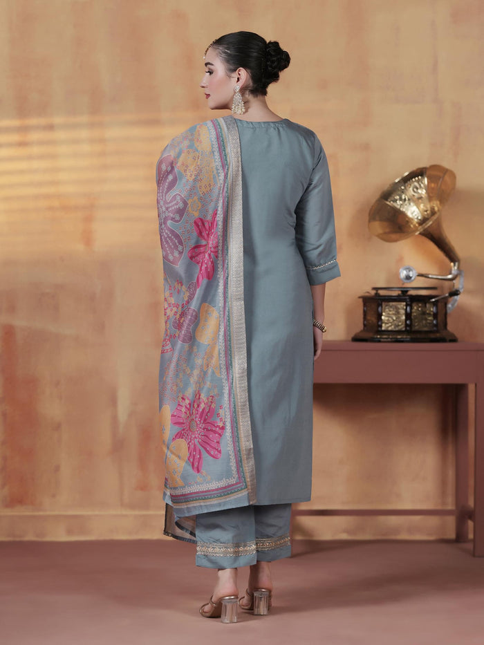 Women Silk Blend Blue Embroidered Kurta Comfort Pant With Dupatta.