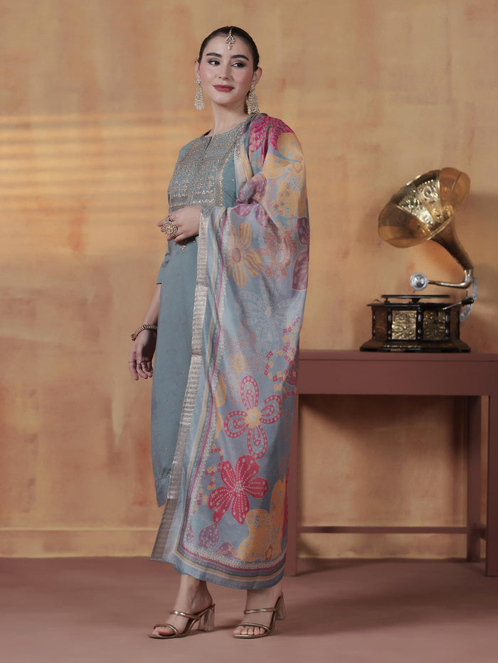 Women Silk Blend Blue Embroidered Kurta Comfort Pant With Dupatta.