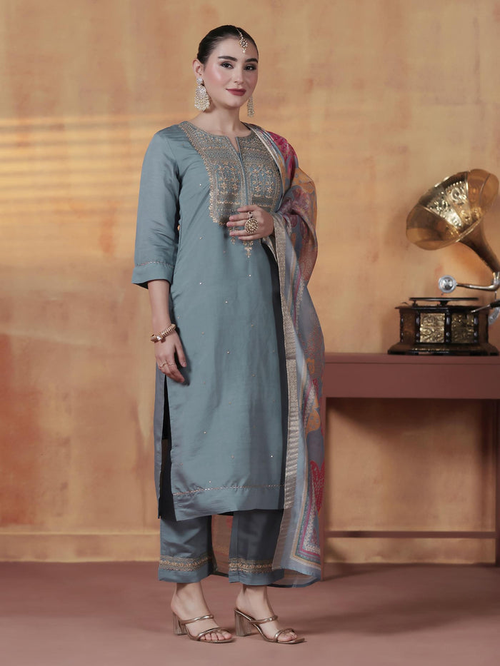 Women Silk Blend Blue Embroidered Kurta Comfort Pant With Dupatta.