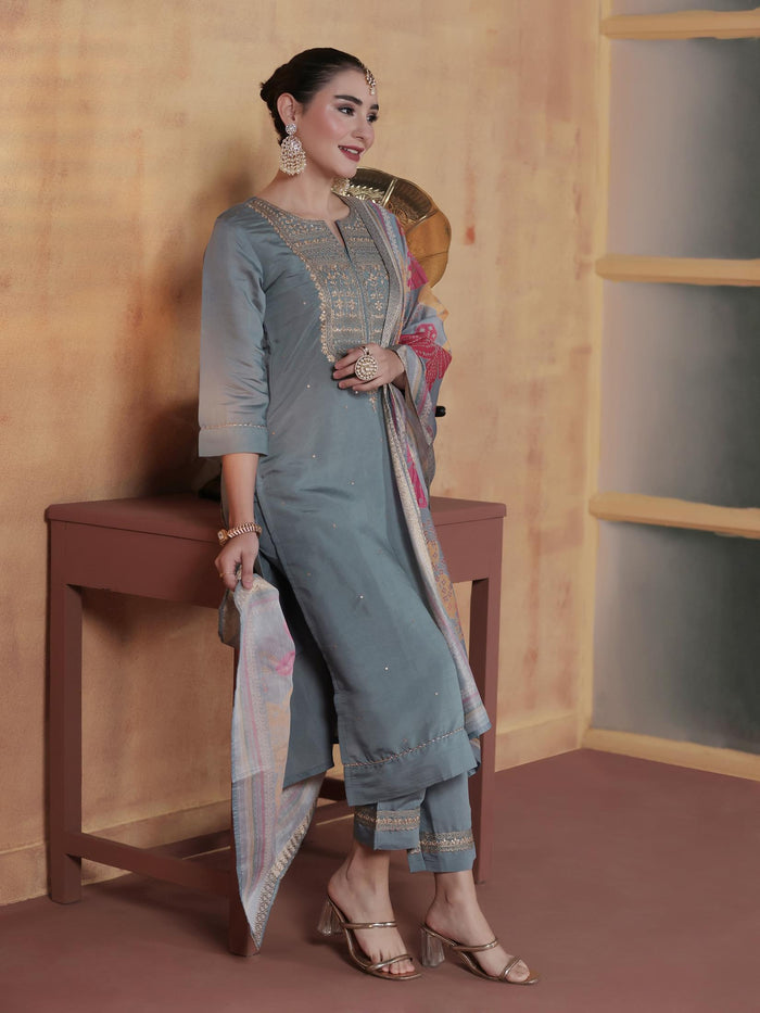 Women Silk Blend Blue Embroidered Kurta Comfort Pant With Dupatta.