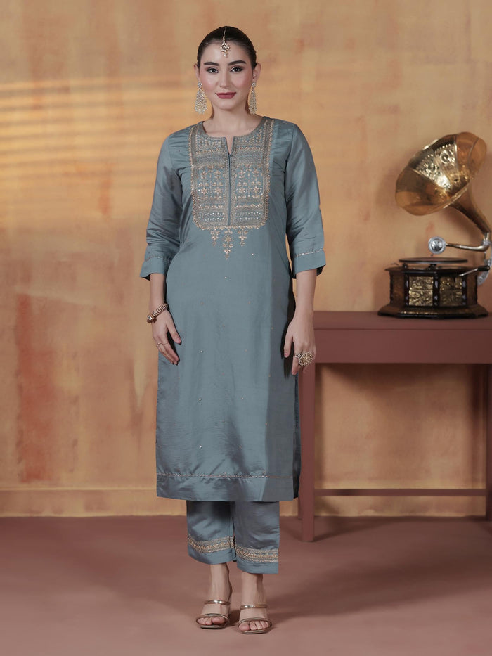Women Silk Blend Blue Embroidered Kurta Comfort Pant With Dupatta.