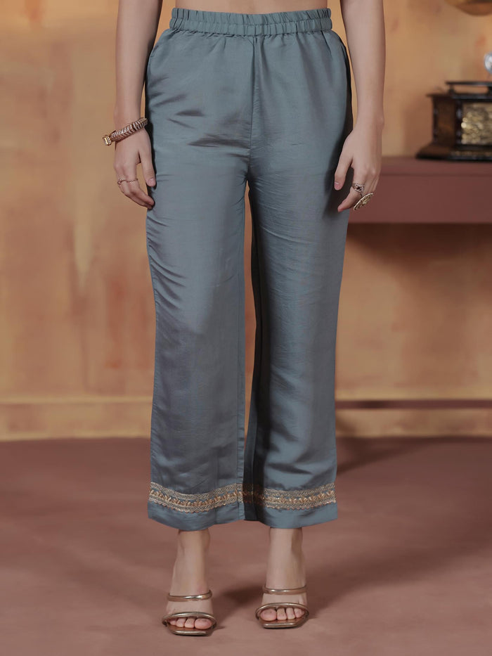 Women Silk Blend Blue Embroidered Kurta Comfort Pant With Dupatta.