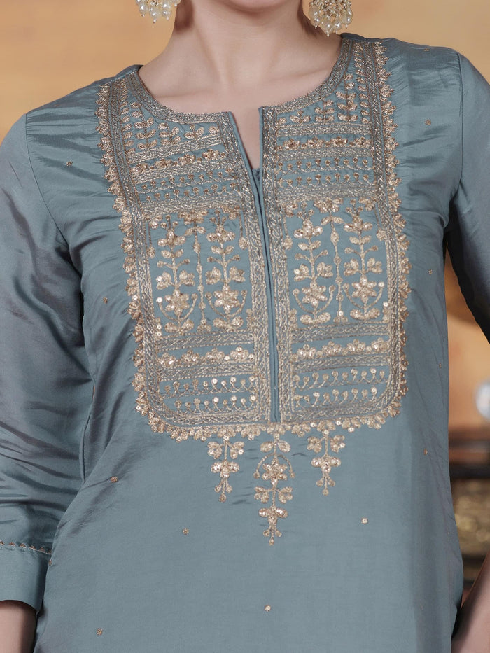 Women Silk Blend Blue Embroidered Kurta Comfort Pant With Dupatta.