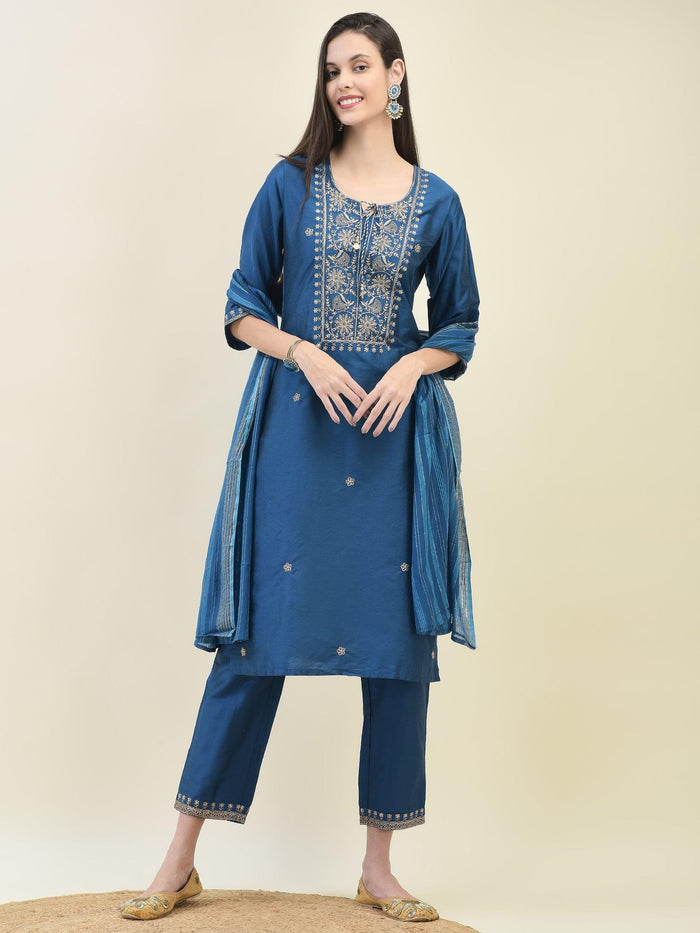 Women Silk Blend Blue Embroidered Kurta Trouser Dupatta.