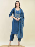 Women Silk Blend Blue Embroidered Kurta Trouser Dupatta.