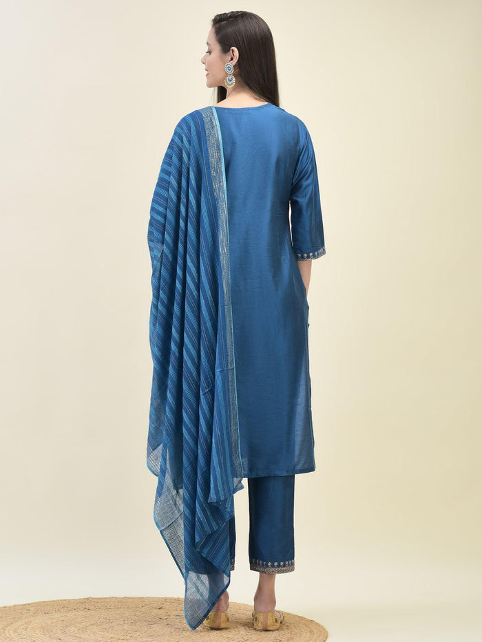 Women Silk Blend Blue Embroidered Kurta Trouser Dupatta.