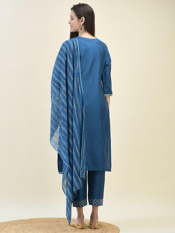 Women Silk Blend Blue Embroidered Kurta Trouser Dupatta.