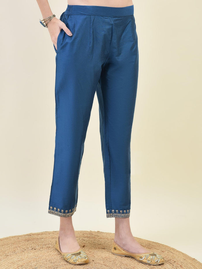 Women Silk Blend Blue Embroidered Kurta Trouser Dupatta.