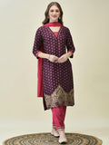 Women Silk Blend Burgundy Butti Print Kurta Comfort Pant Dupatta.