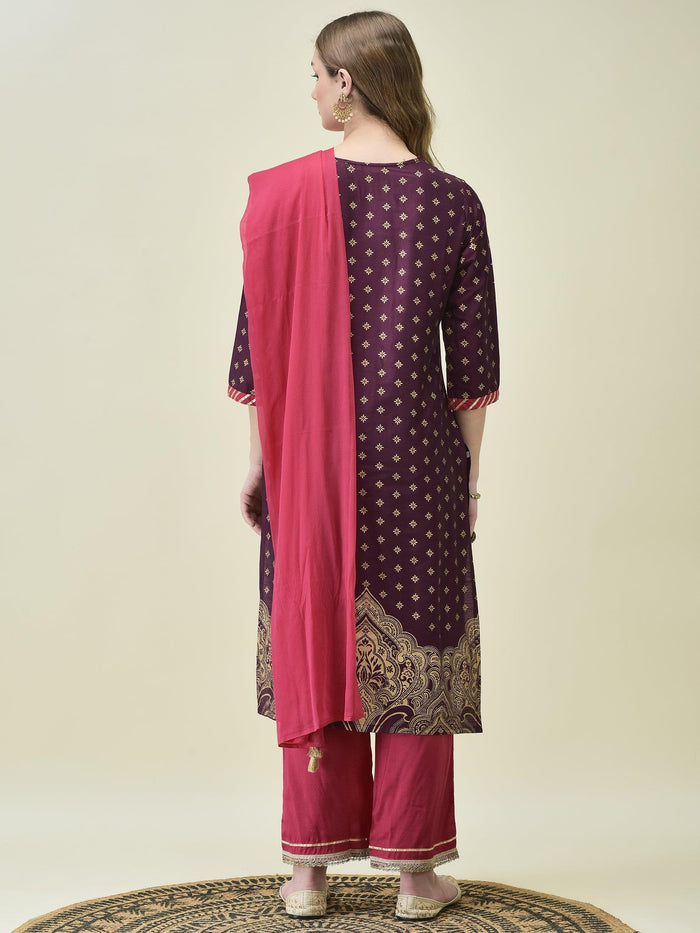 Women Silk Blend Burgundy Butti Print Kurta Comfort Pant Dupatta.
