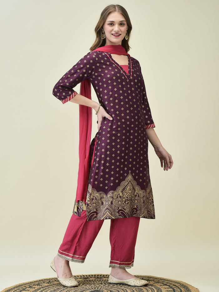 Women Silk Blend Burgundy Butti Print Kurta Comfort Pant Dupatta.