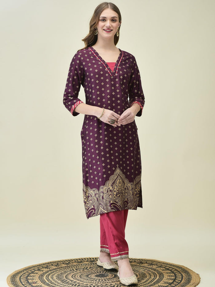 Women Silk Blend Burgundy Butti Print Kurta Comfort Pant Dupatta.