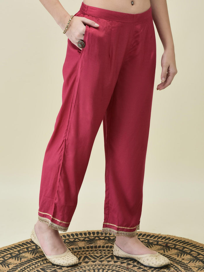 Women Silk Blend Burgundy Butti Print Kurta Comfort Pant Dupatta.