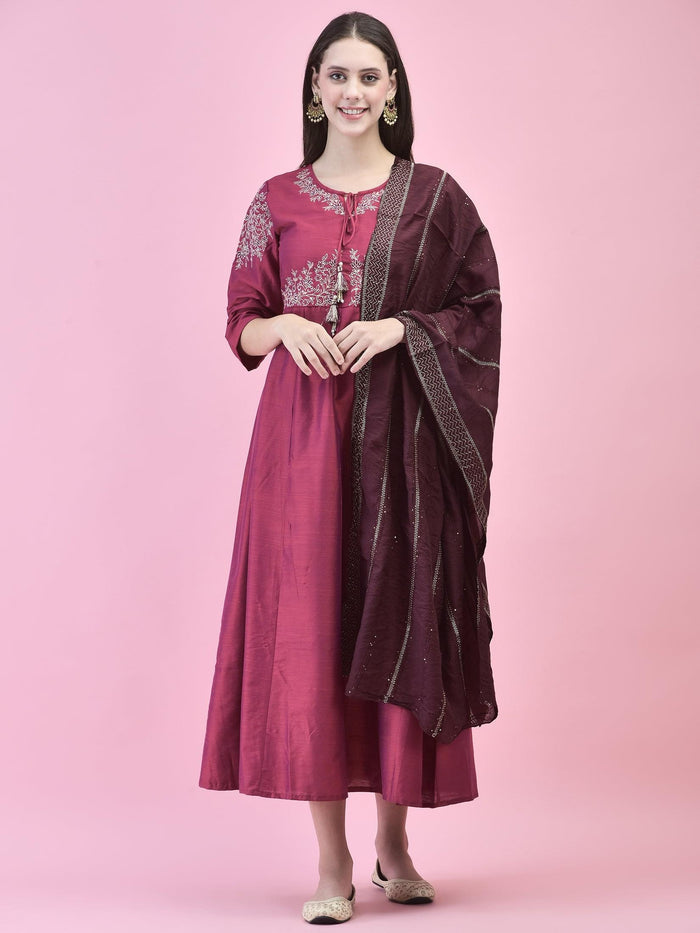 Women Silk Blend Burgundy Embroidered Dress With Dupatta.