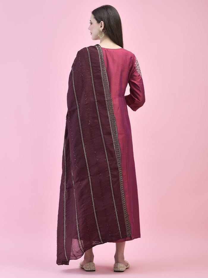 Women Silk Blend Burgundy Embroidered Dress With Dupatta.