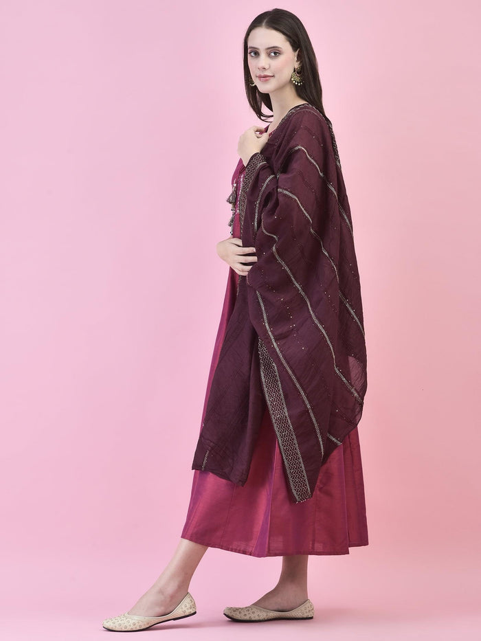Women Silk Blend Burgundy Embroidered Dress With Dupatta.
