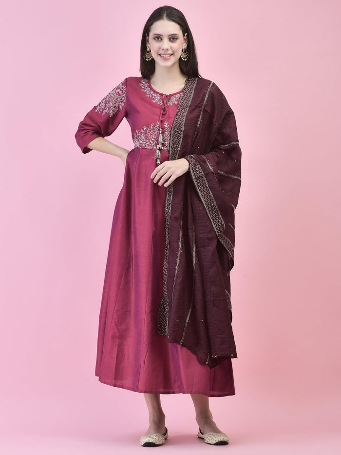 Women Silk Blend Burgundy Embroidered Dress With Dupatta.