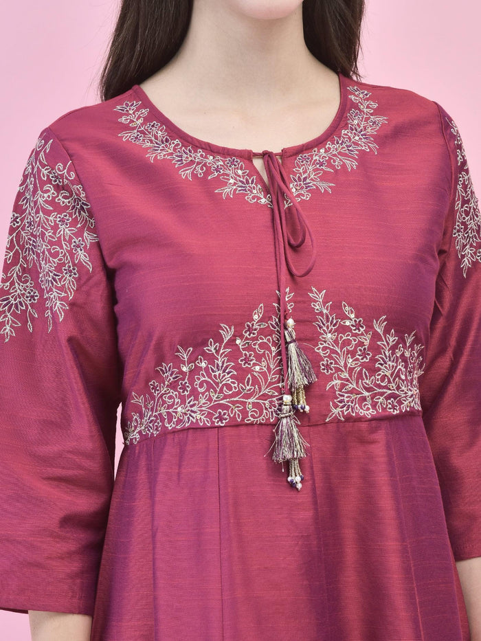 Women Silk Blend Burgundy Embroidered Dress With Dupatta.