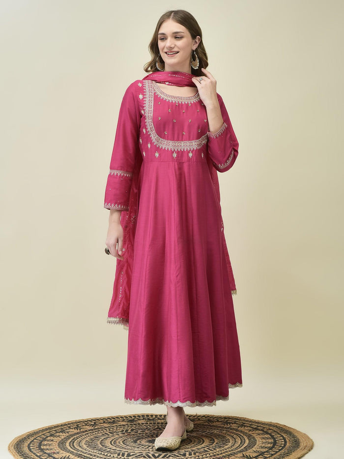 Women Silk Blend Fuchsia Embroidered Dress With Dupatta.