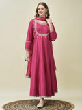 Women Silk Blend Fuchsia Embroidered Dress With Dupatta.