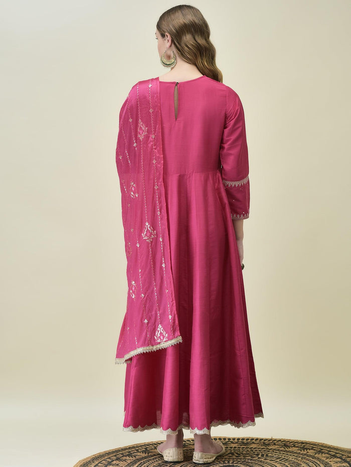 Women Silk Blend Fuchsia Embroidered Dress With Dupatta.