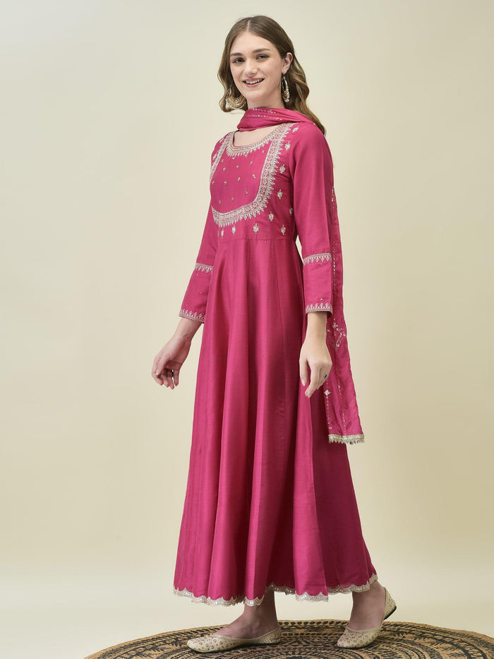 Women Silk Blend Fuchsia Embroidered Dress With Dupatta.