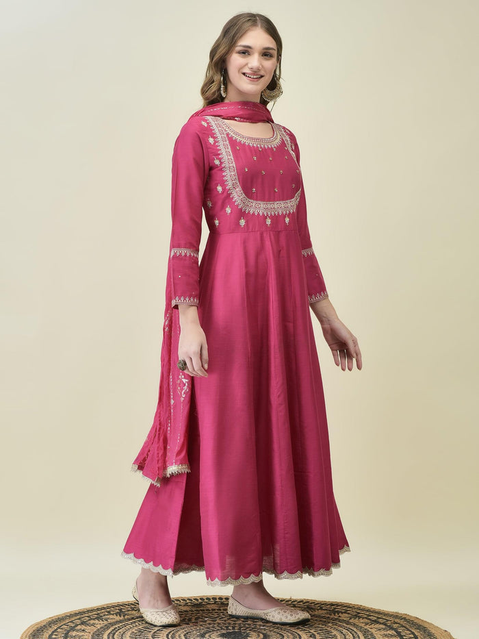 Women Silk Blend Fuchsia Embroidered Dress With Dupatta.
