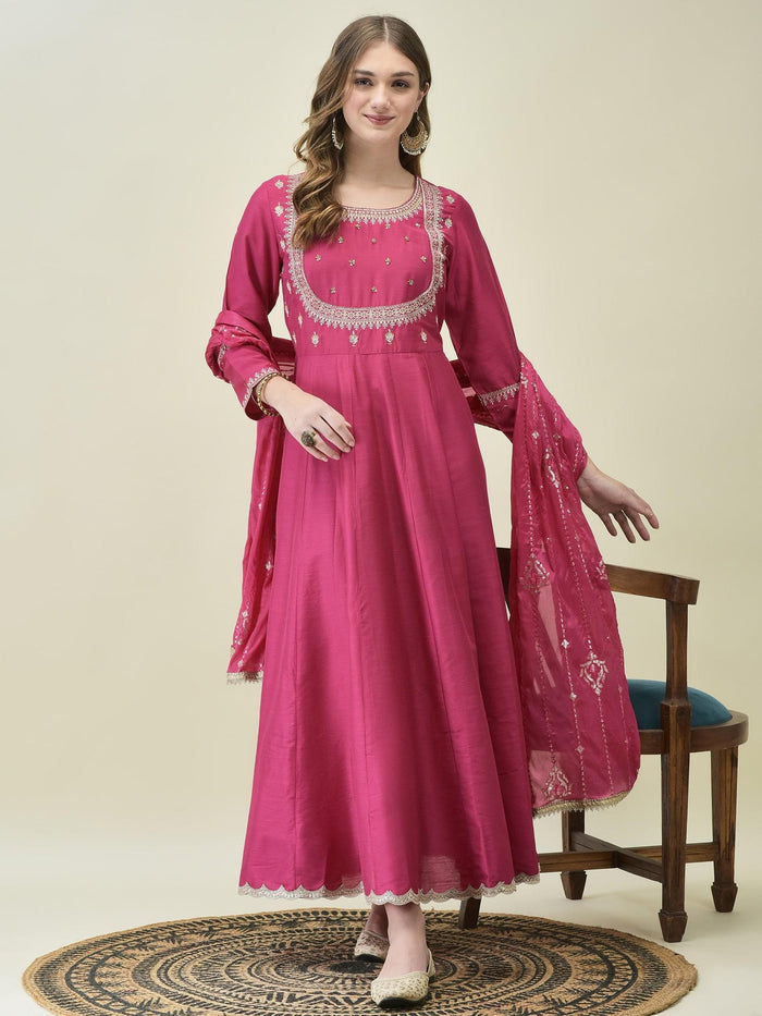 Women Silk Blend Fuchsia Embroidered Dress With Dupatta.