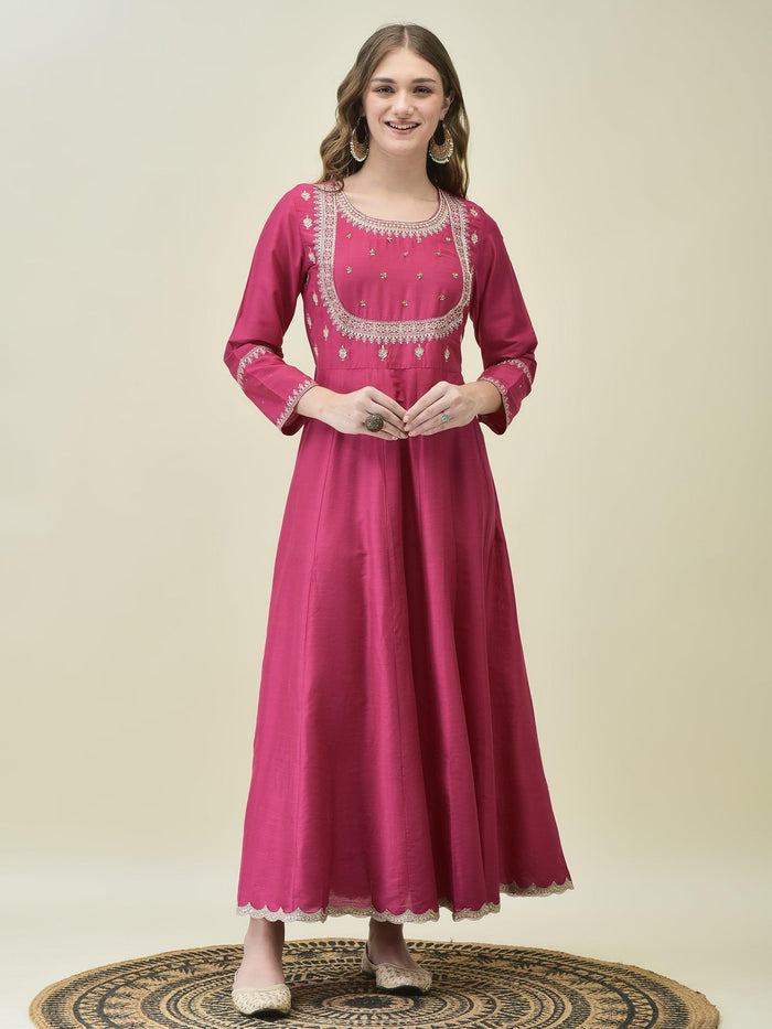 Women Silk Blend Fuchsia Embroidered Dress With Dupatta.