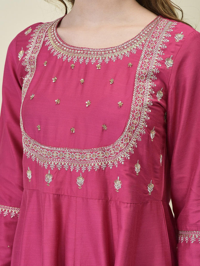 Women Silk Blend Fuchsia Embroidered Dress With Dupatta.