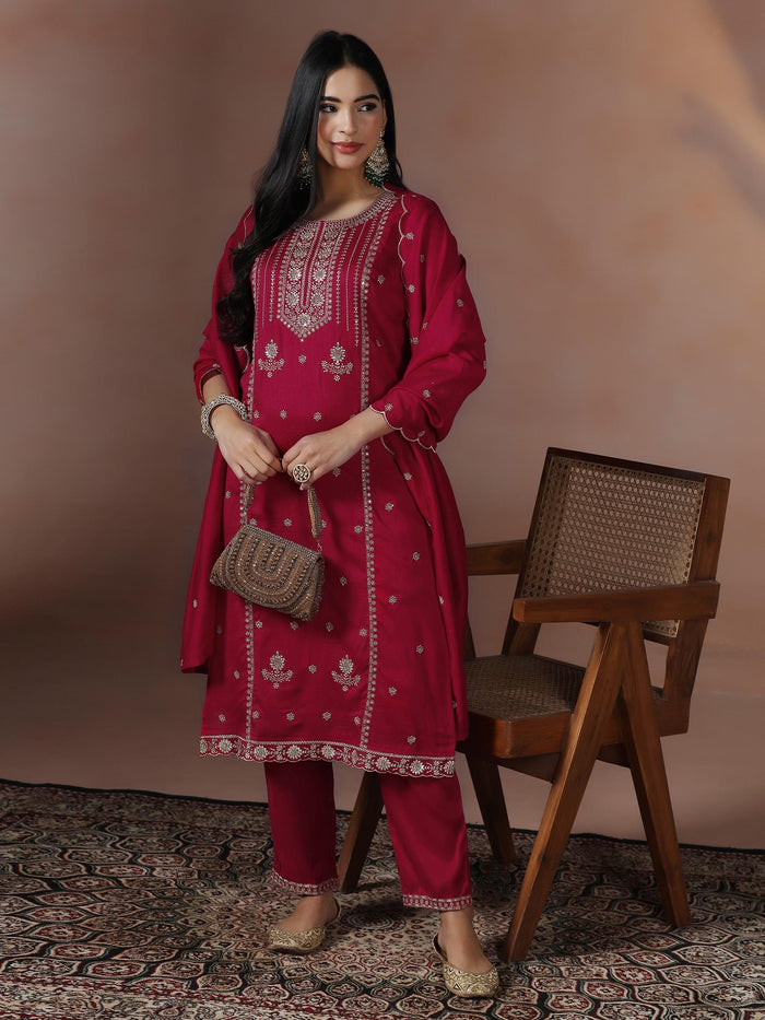 Women Silk Blend Fuchsia Embroidered Kurta Comfort Pant Dupatta.